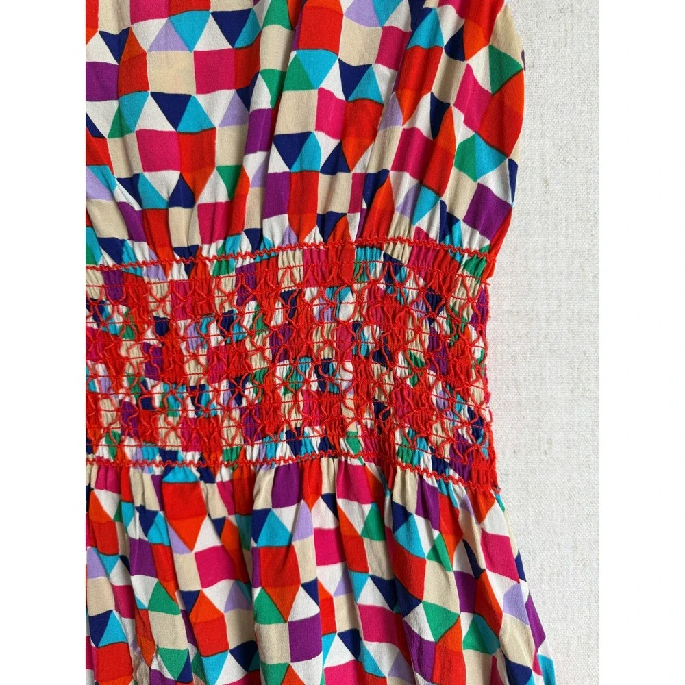 Kate Spade New York Abbey Silk Geometric Triangle Smocked Waist Dress Size 0 - Picture 4 of 5